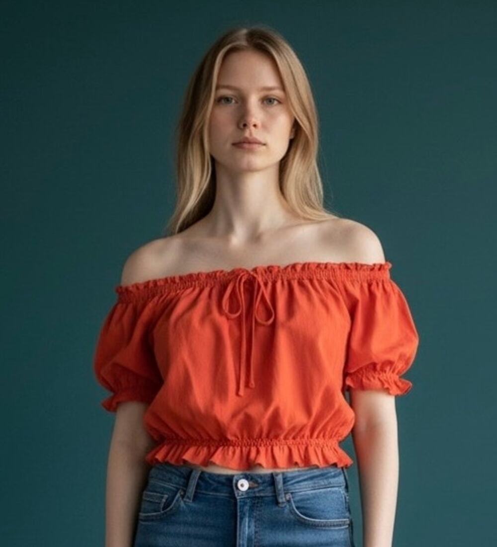 H&M Off the Shoulder Midriff Shirt in Terracotta, Women's S, Crop Top Cap Sleeve